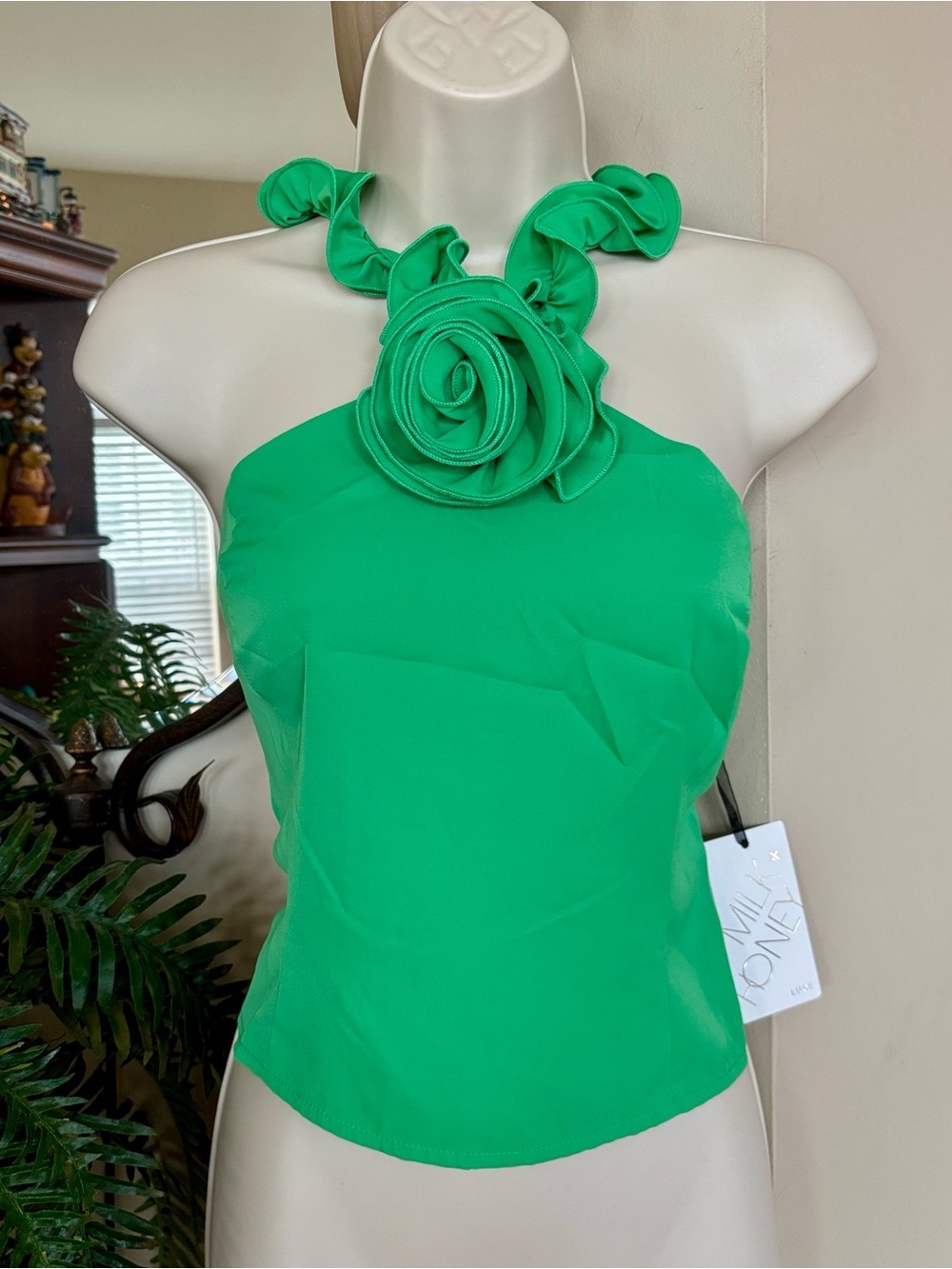 Brand New Milk & Honey Green Halter Top Floral Rosette Ruffle Smocked Back Tank
